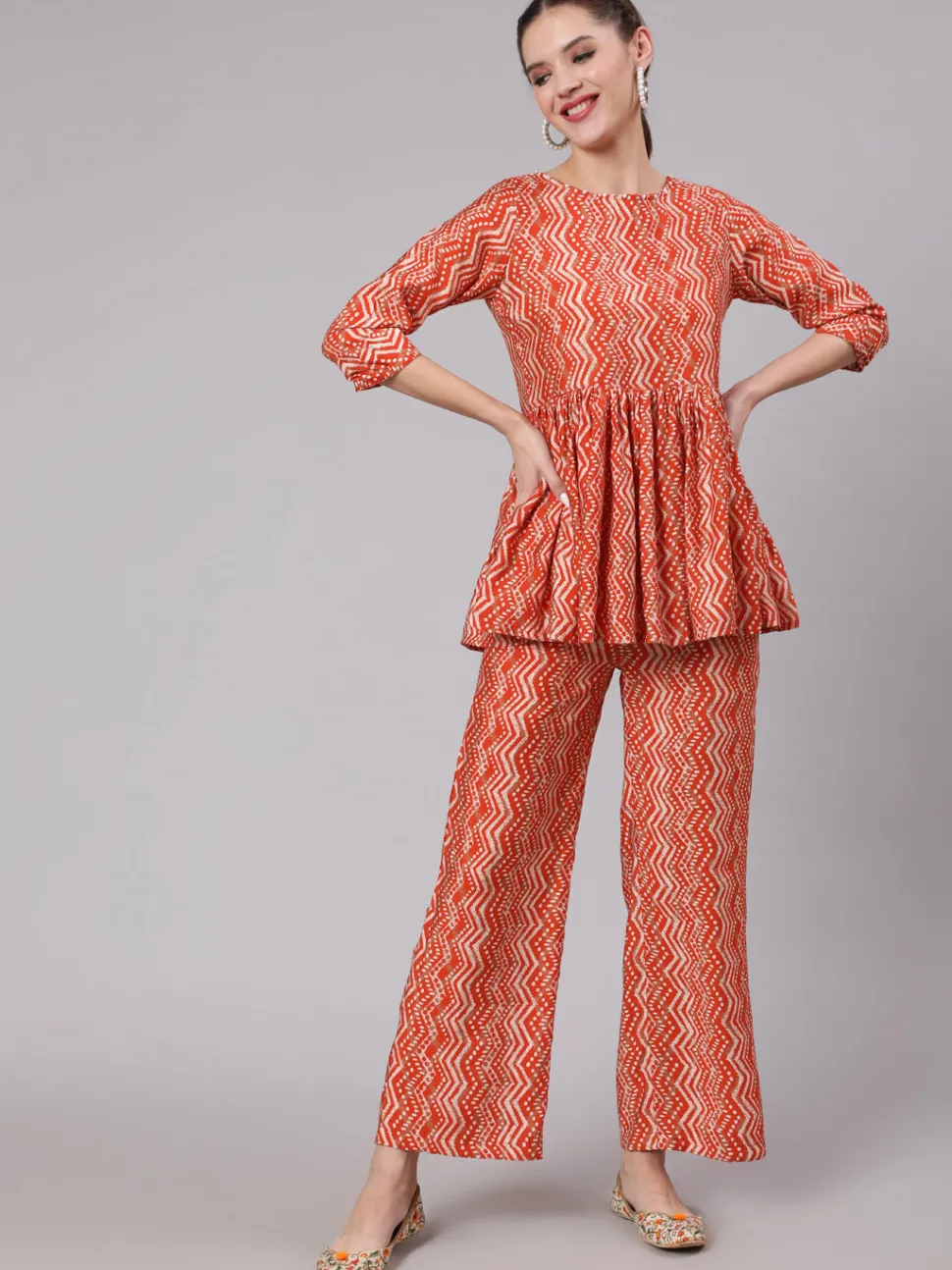 Jaipur Kurti Orange Zigzag Printed Muslin Gathered Top With Printed Palazzo