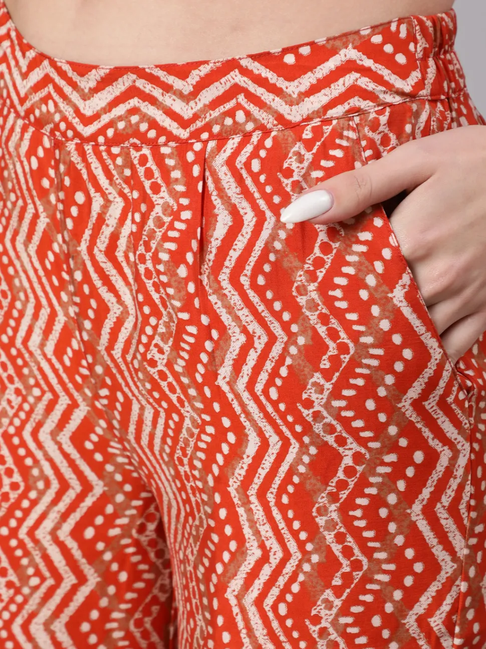 Jaipur Kurti Orange Zigzag Printed Muslin Gathered Top With Printed Palazzo