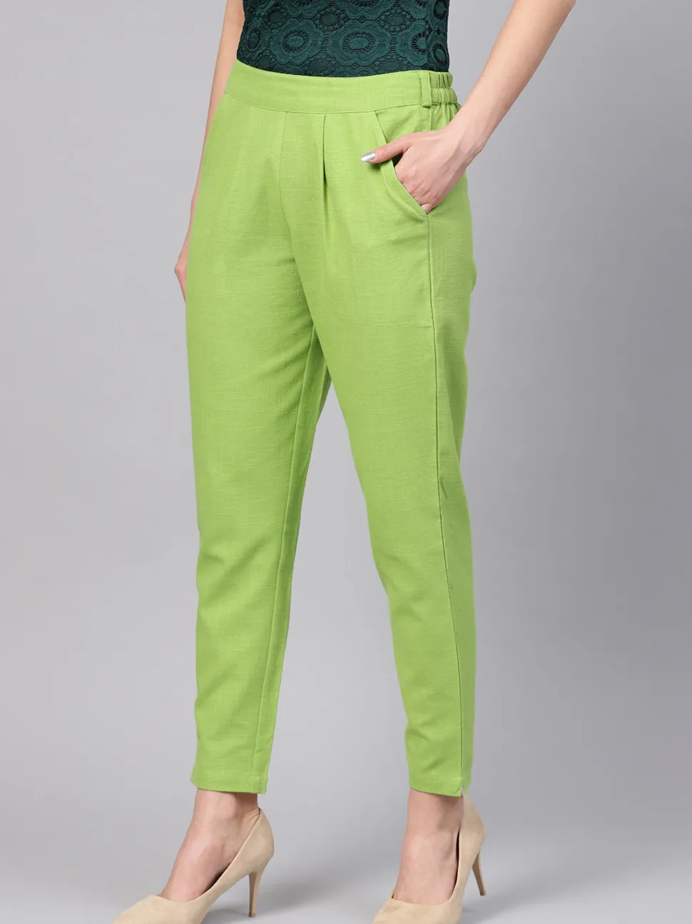 Jaipur Kurti Parrot Solid Cotton Slub Straight Pants