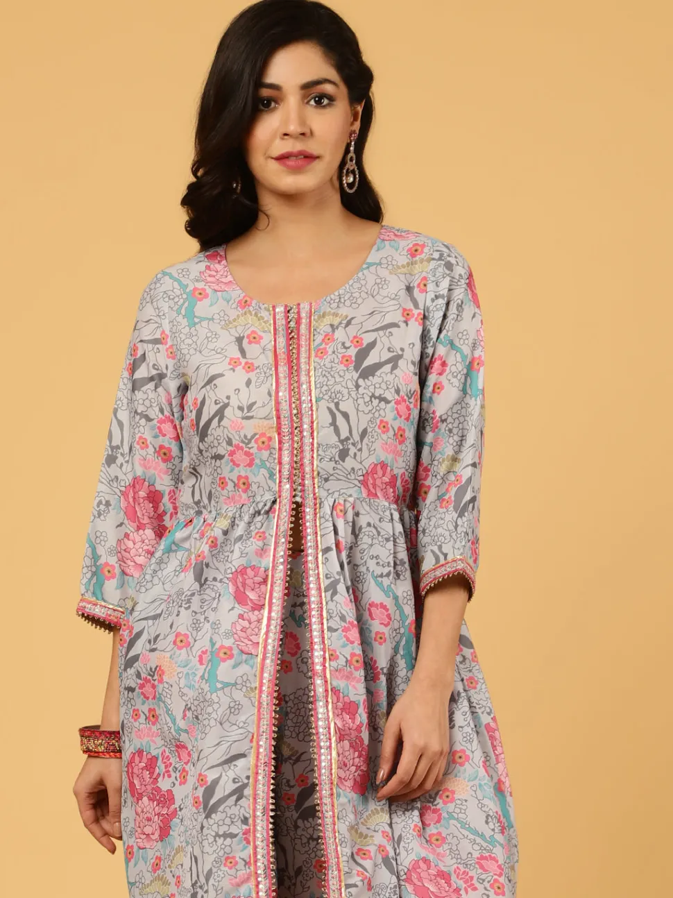 Jaipur Kurti Pastel Floral Printed Gathered Kurta With Pants