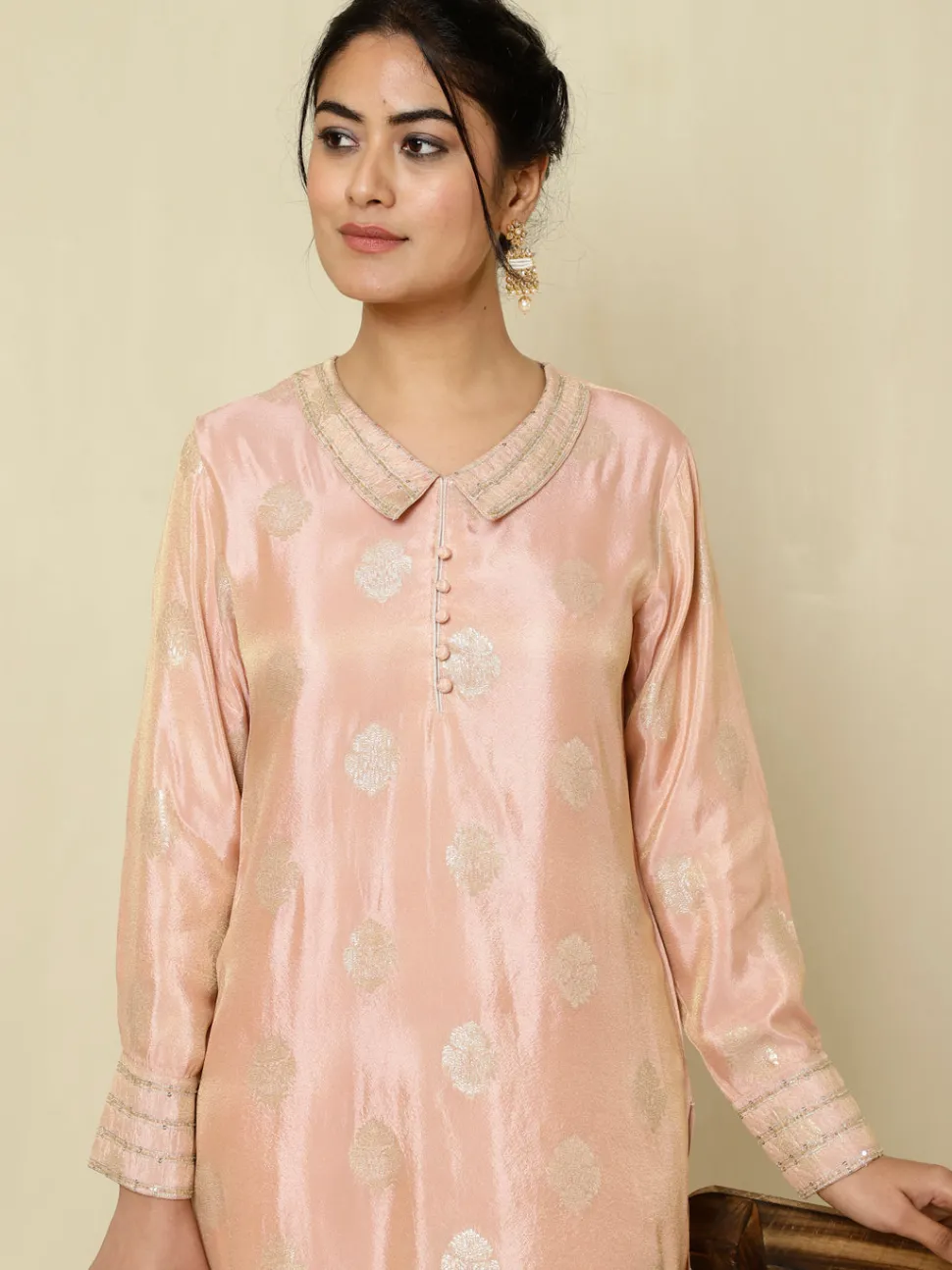 Jaipur Kurti Pure Silk Jacquard Handwork Kurta With Palazzo