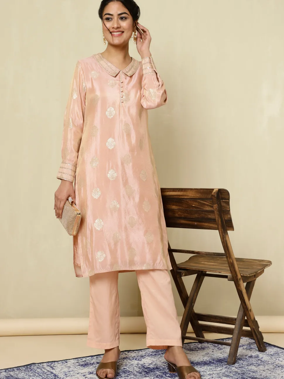 Jaipur Kurti Pure Silk Jacquard Handwork Kurta With Palazzo