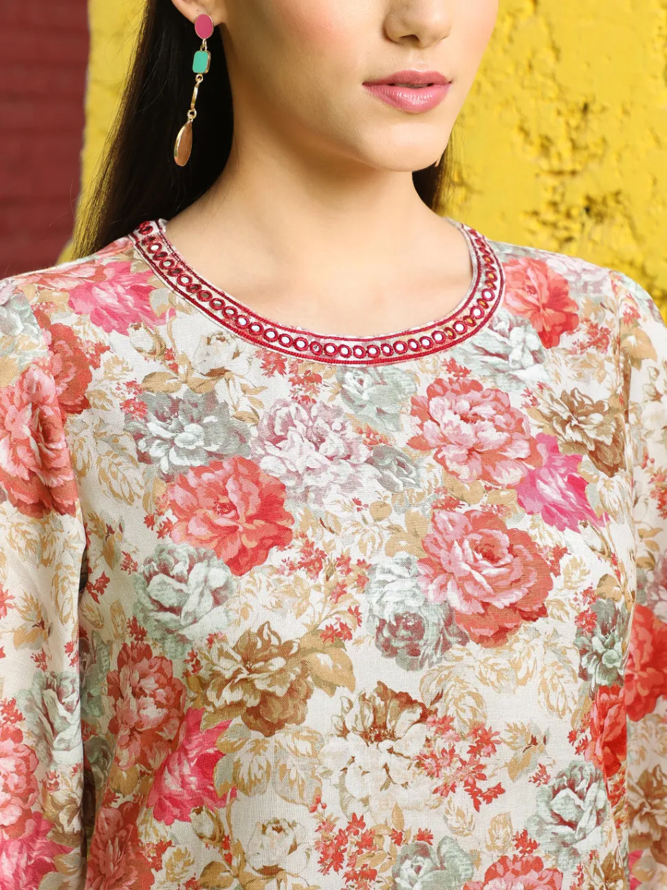 Jaipur Kurti Peach Rose Floral Printed Kurta With Pants