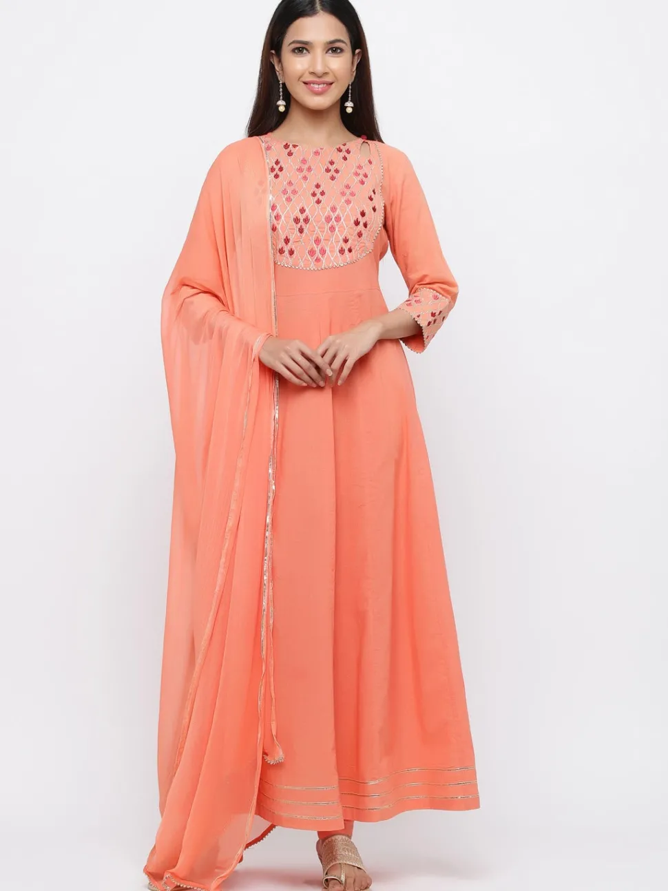 Jaipur Kurti Peach Solid Anarkali Cotton Kurta With Churidar & Dupatta