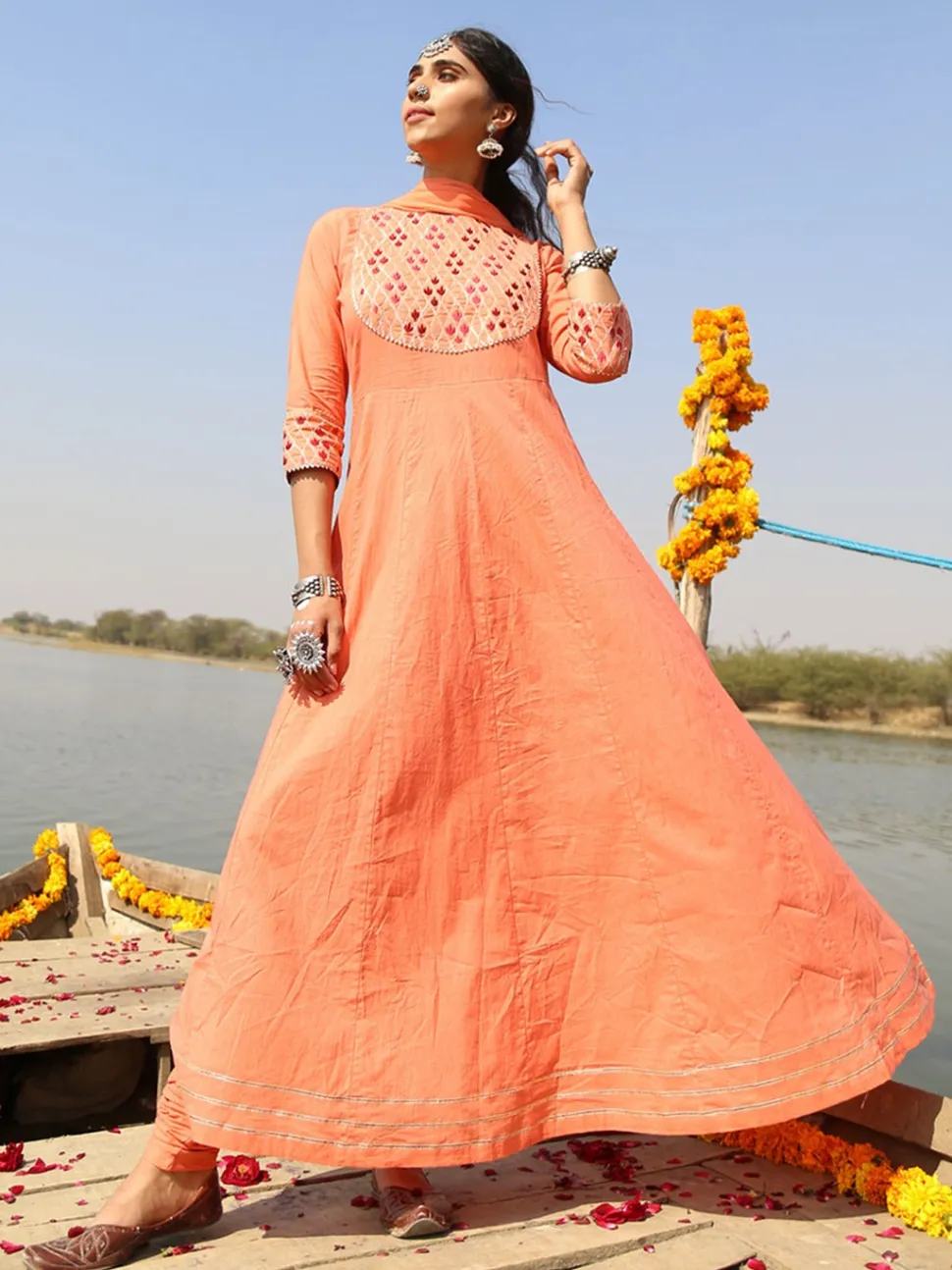 Jaipur Kurti Peach Solid Anarkali Cotton Kurta With Churidar & Dupatta