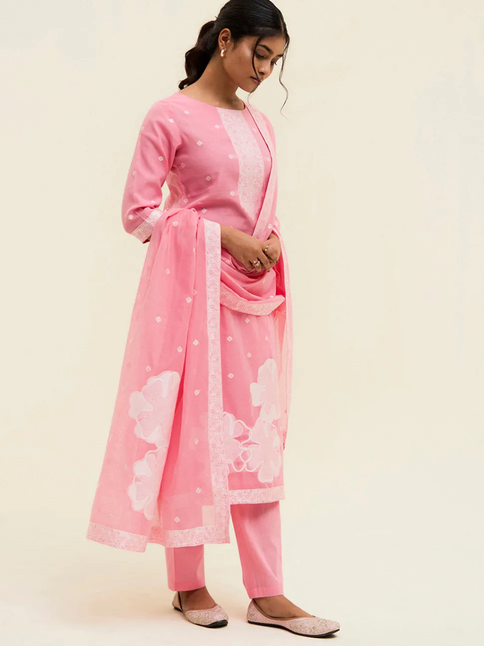 Jaipur Kurti Chanderi Jacquard Floral Self-Woven Suit Set
