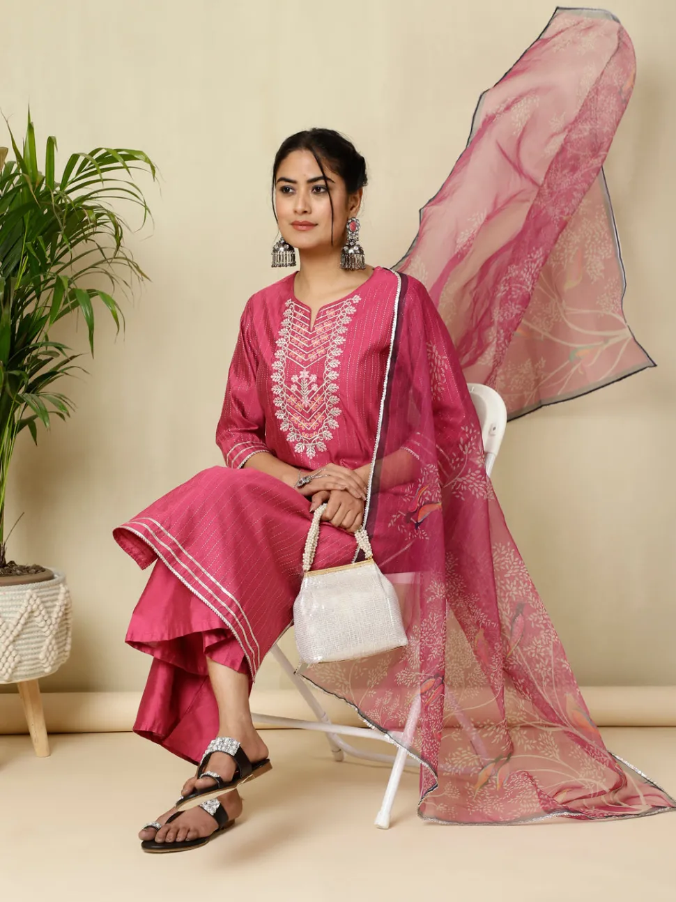 Jaipur Kurti Chanderi Kantha Embroidered Kurta With Palazzo And Dupatta