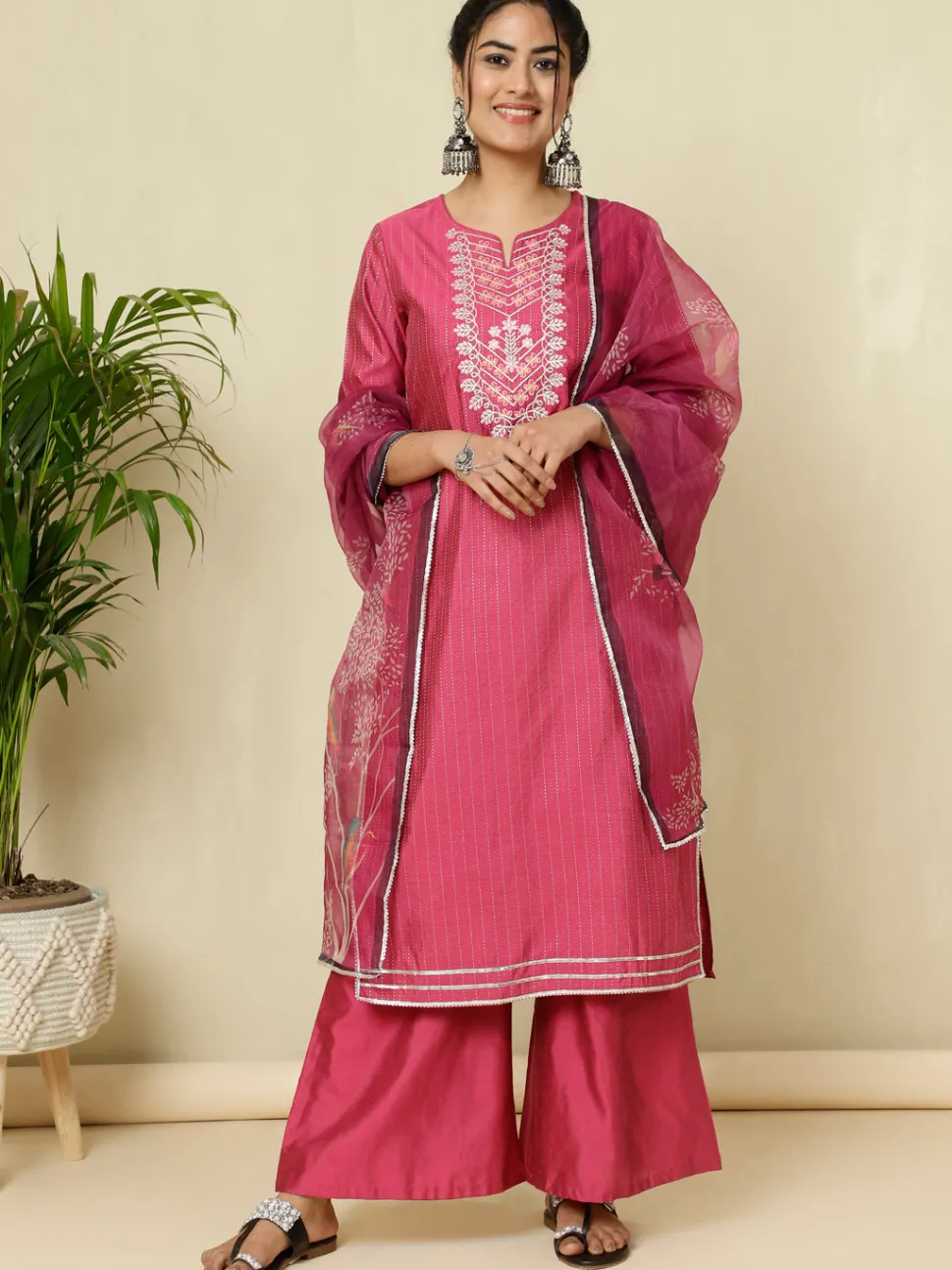 Jaipur Kurti Chanderi Kantha Embroidered Kurta With Palazzo And Dupatta