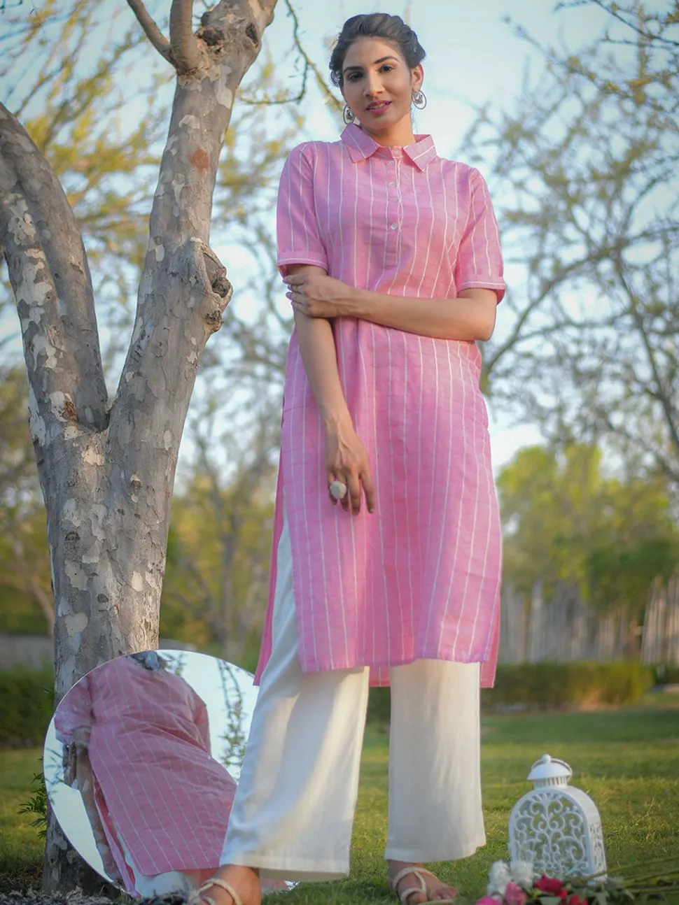 Jaipur Kurti Pink Checked Straight Cotton Blend Kurta
