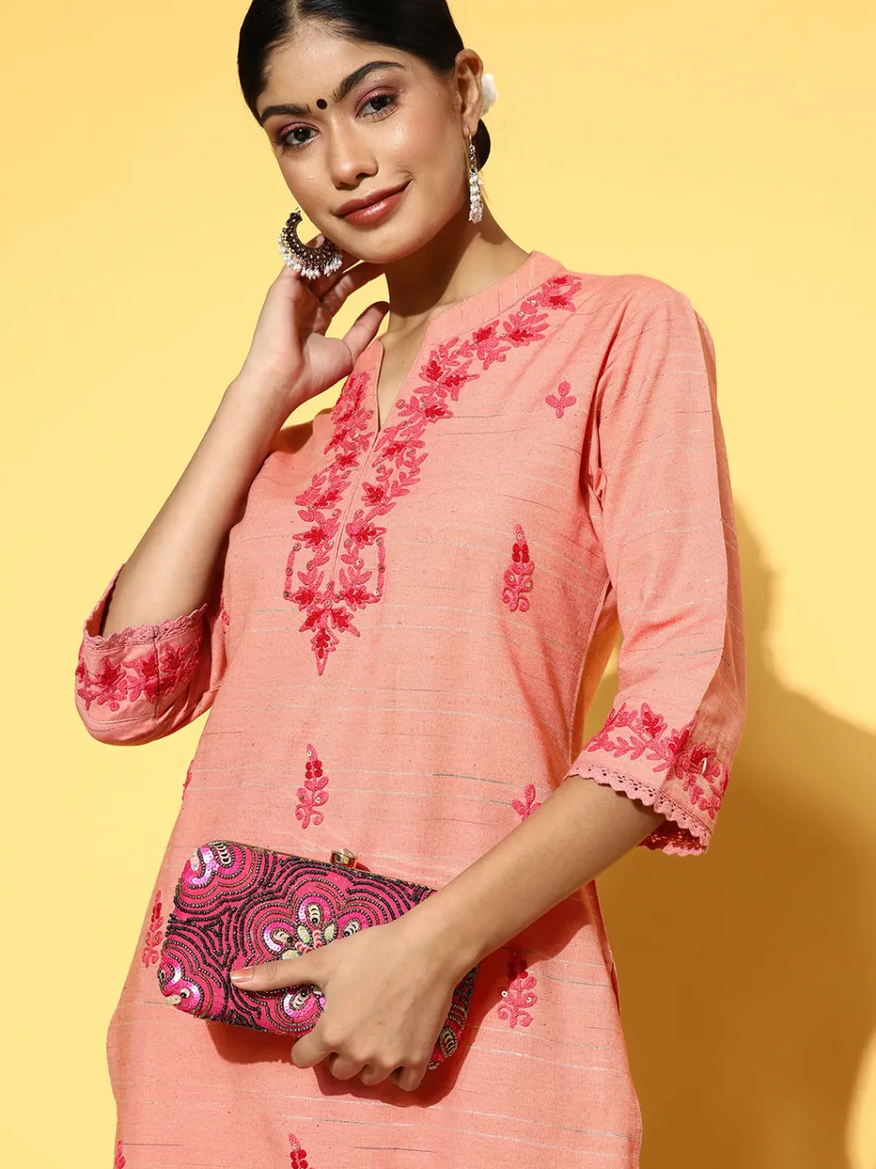 Jaipur Kurti Embroidered Yarn Dyed Kurta With Pants