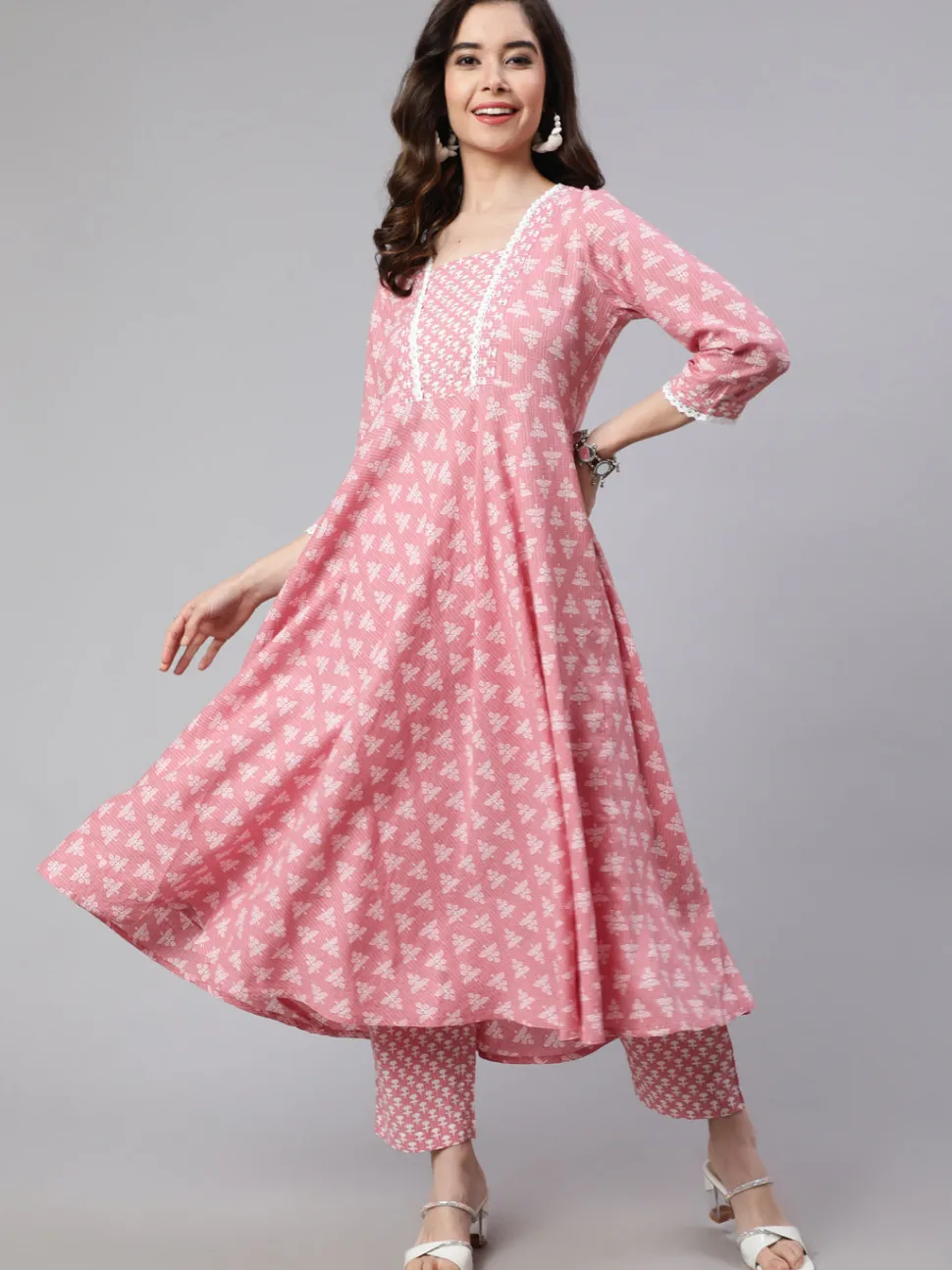 Jaipur Kurti Ethnic Print Embroidered Flared Kurta With Printed Palazzo