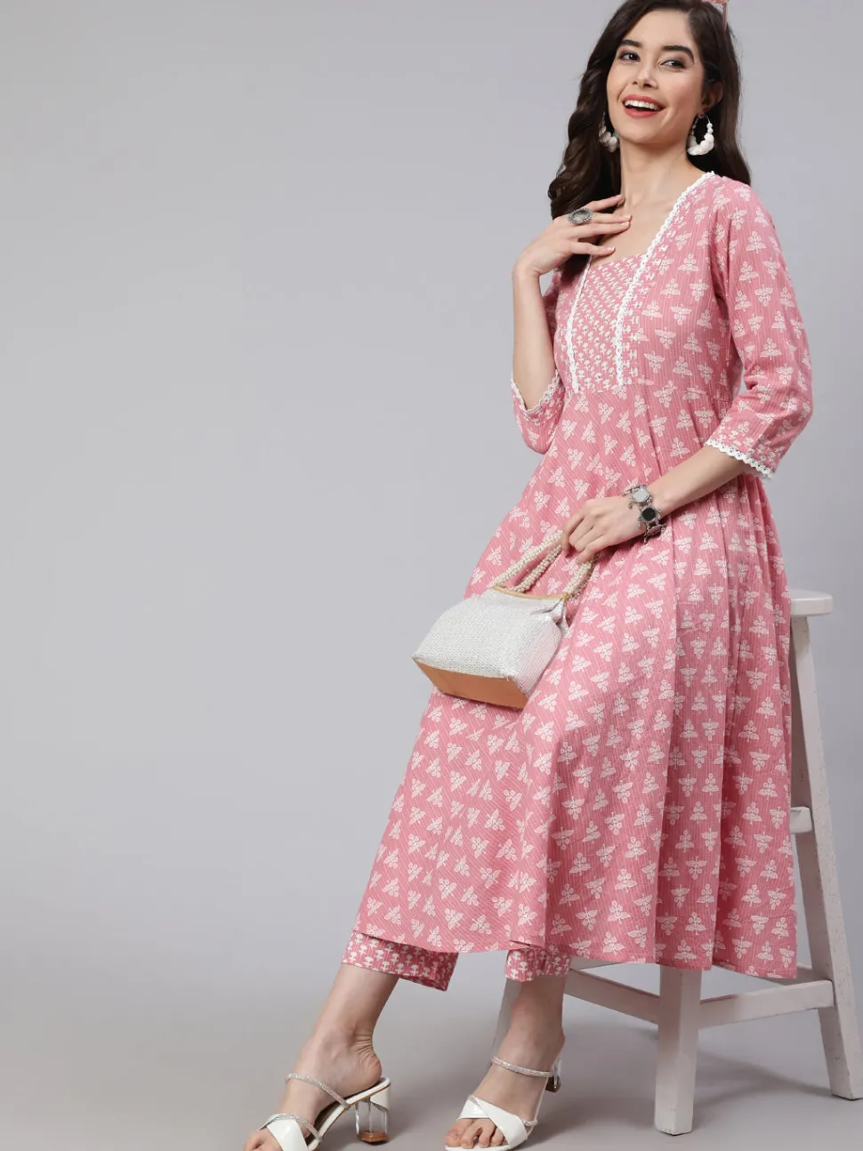 Jaipur Kurti Ethnic Print Embroidered Flared Kurta With Printed Palazzo