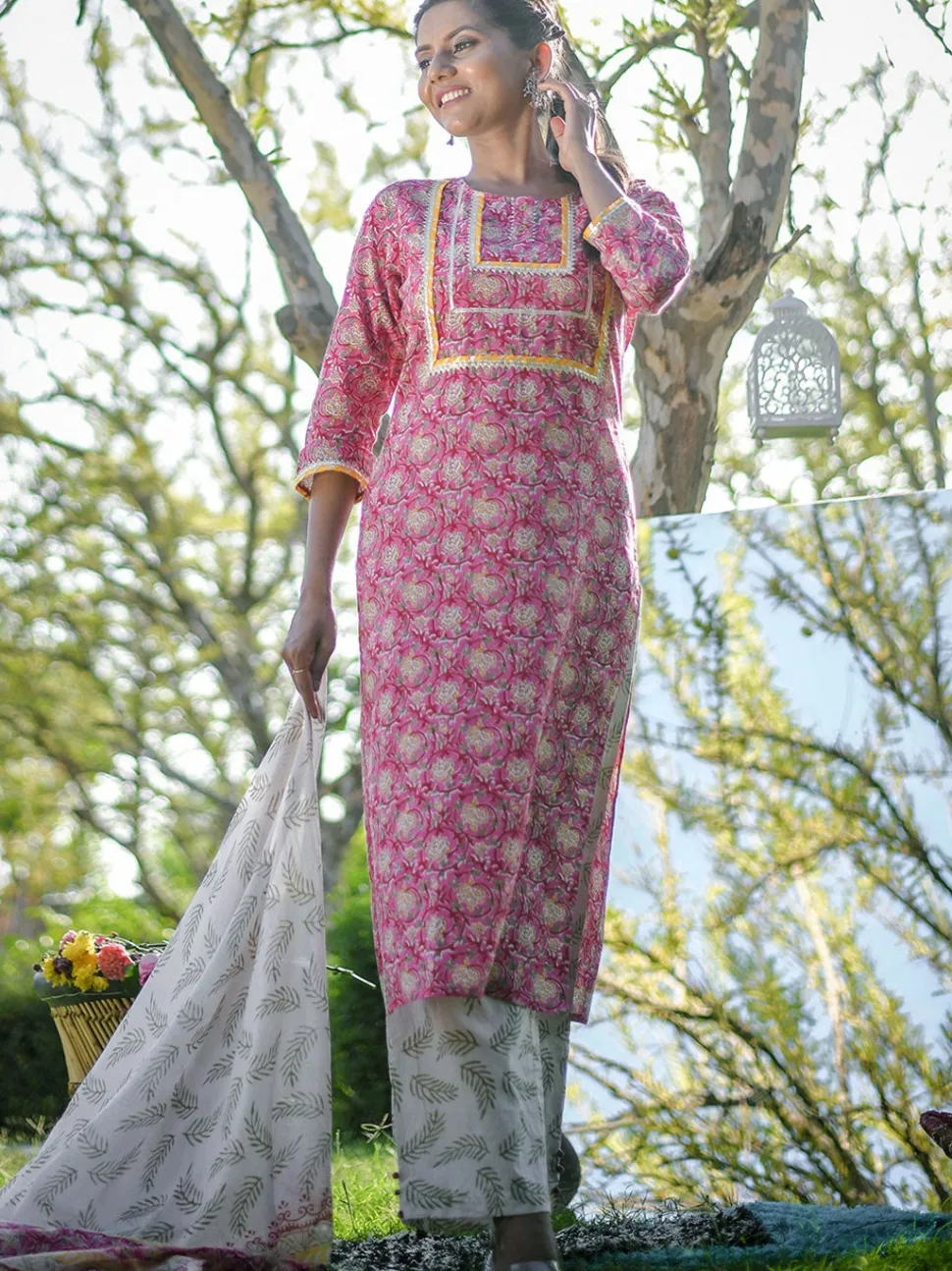 Jaipur Kurti Pink Ethnic Print Straight Cotton Kurta with Palazzos & Dupatta