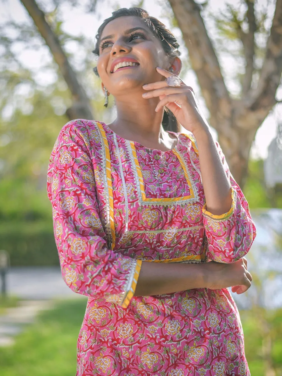 Jaipur Kurti Pink Ethnic Print Straight Cotton Kurta with Palazzos & Dupatta