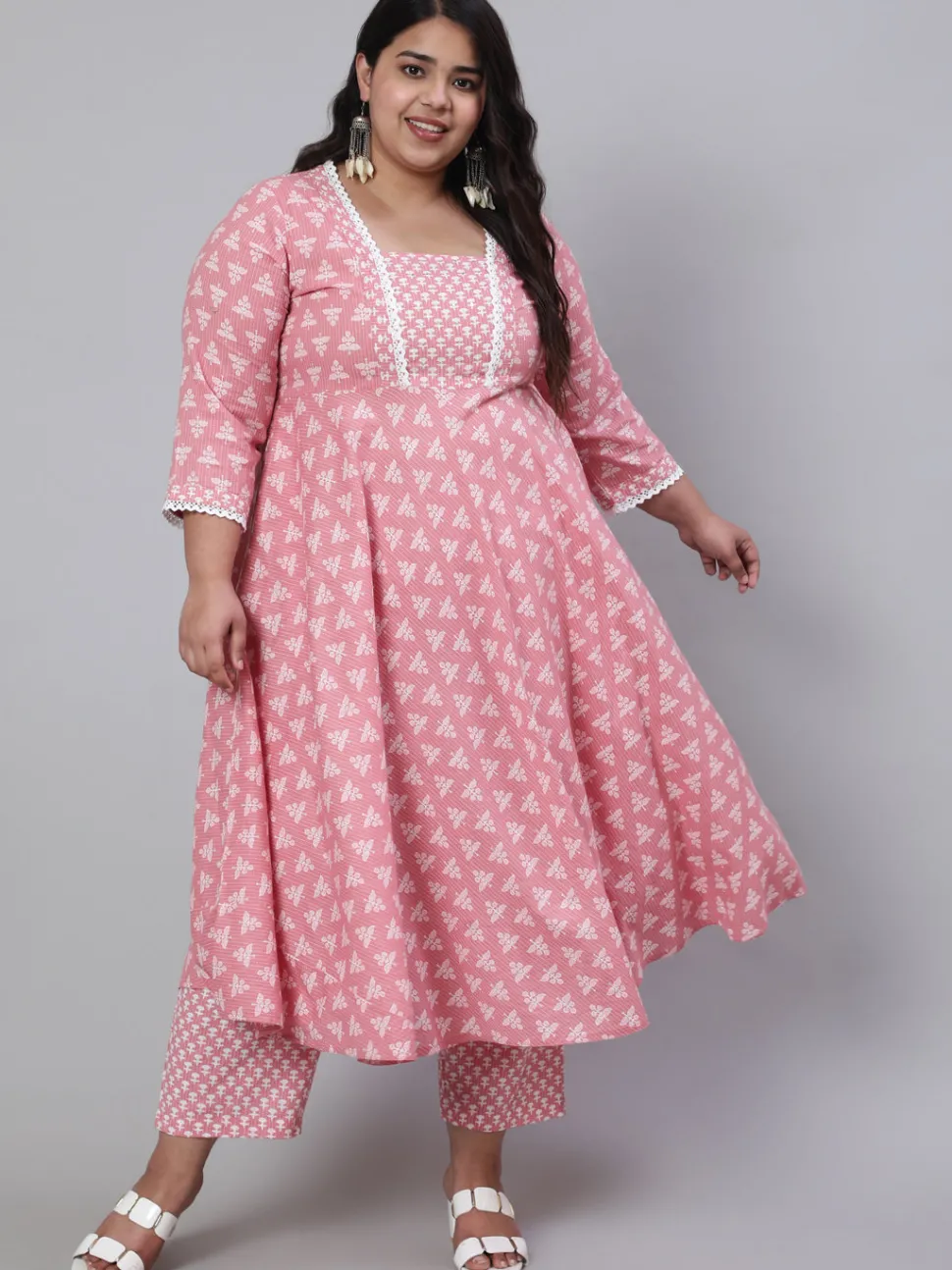 Jaipur Kurti Plus Size Woven Ethnic Print Embroidered Flared Laced Kurta With Printed Palazzo