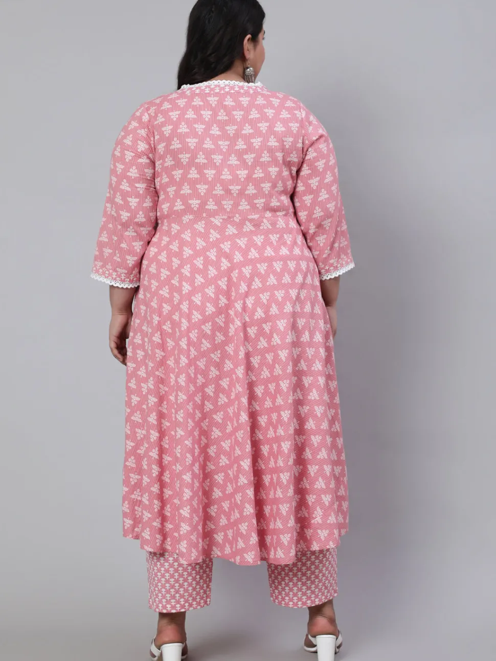 Jaipur Kurti Plus Size Woven Ethnic Print Embroidered Flared Laced Kurta With Printed Palazzo