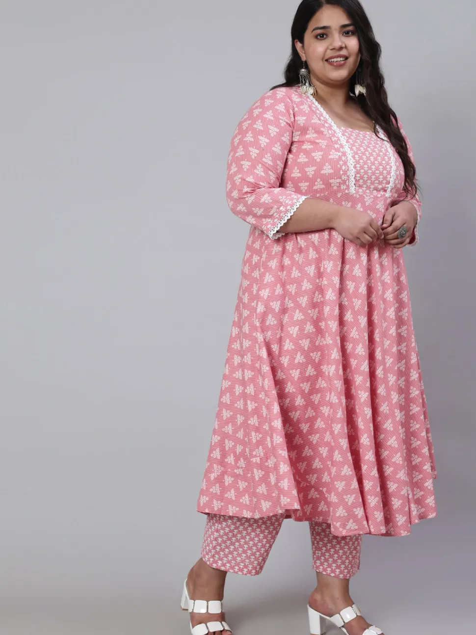 Jaipur Kurti Plus Size Woven Ethnic Print Embroidered Flared Laced Kurta With Printed Palazzo