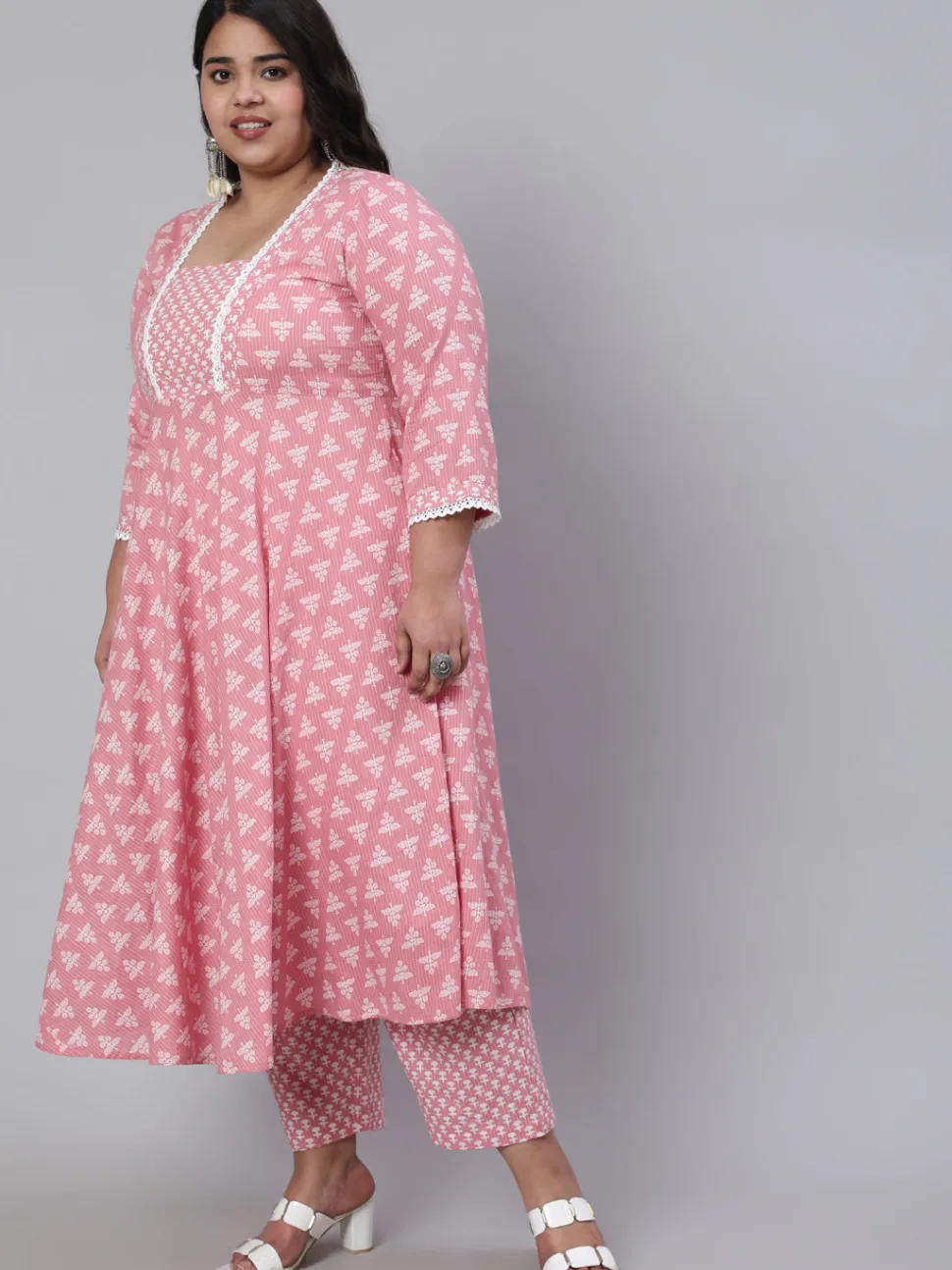 Jaipur Kurti Plus Size Woven Ethnic Print Embroidered Flared Laced Kurta With Printed Palazzo