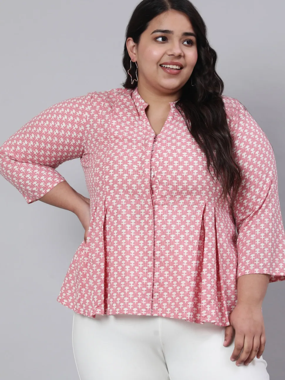 Jaipur Kurti Plus Size Woven Printed Pleated Top