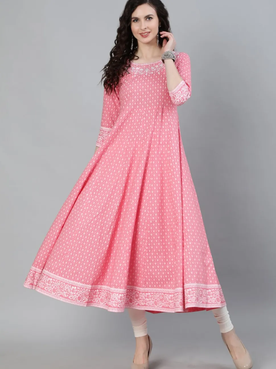Jaipur Kurti Pink Printed Anarkali with Embroidered Yoke