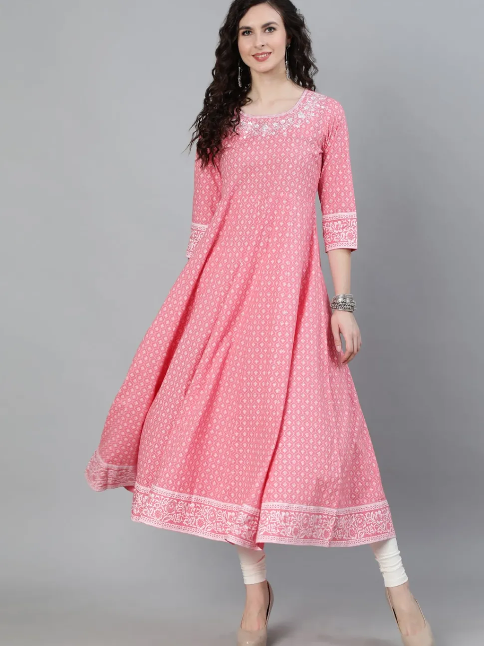 Jaipur Kurti Pink Printed Anarkali with Embroidered Yoke