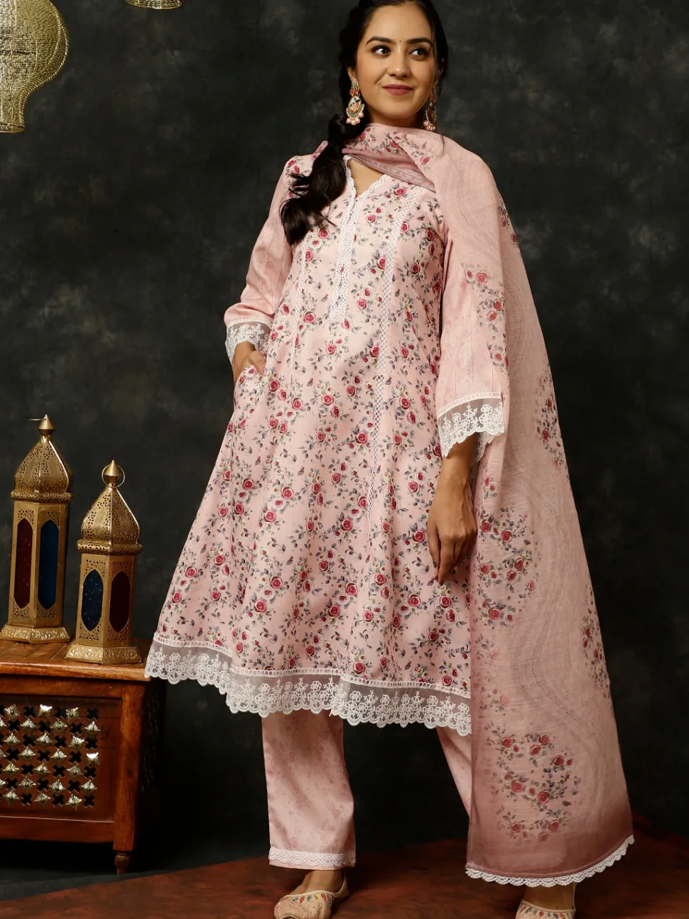 Jaipur Kurti Rose Printed A-line Kurta With Palazzo And Dupatta