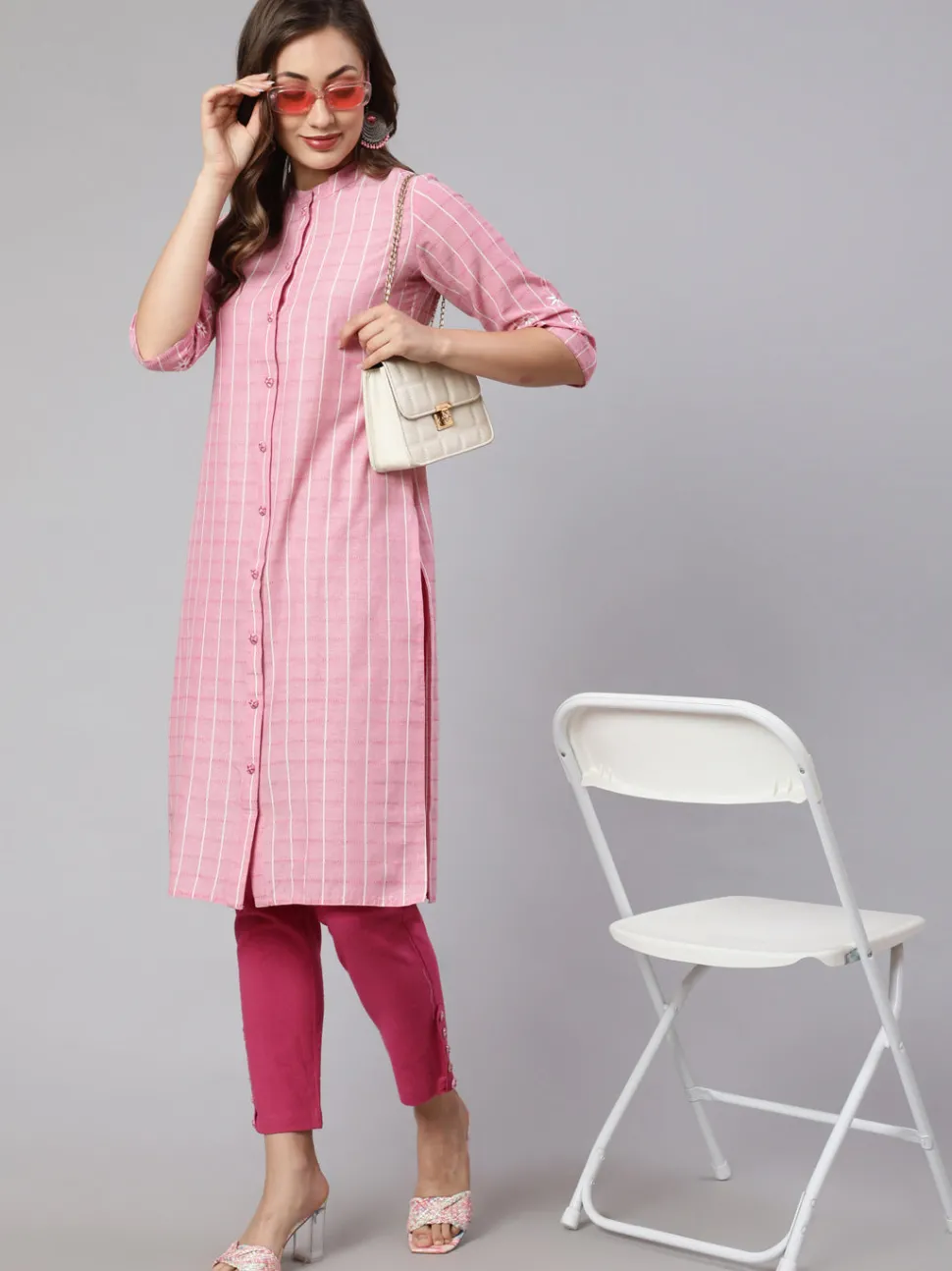 Jaipur Kurti Self Weaved Checkered Straight Embroidered Kurta With Pants