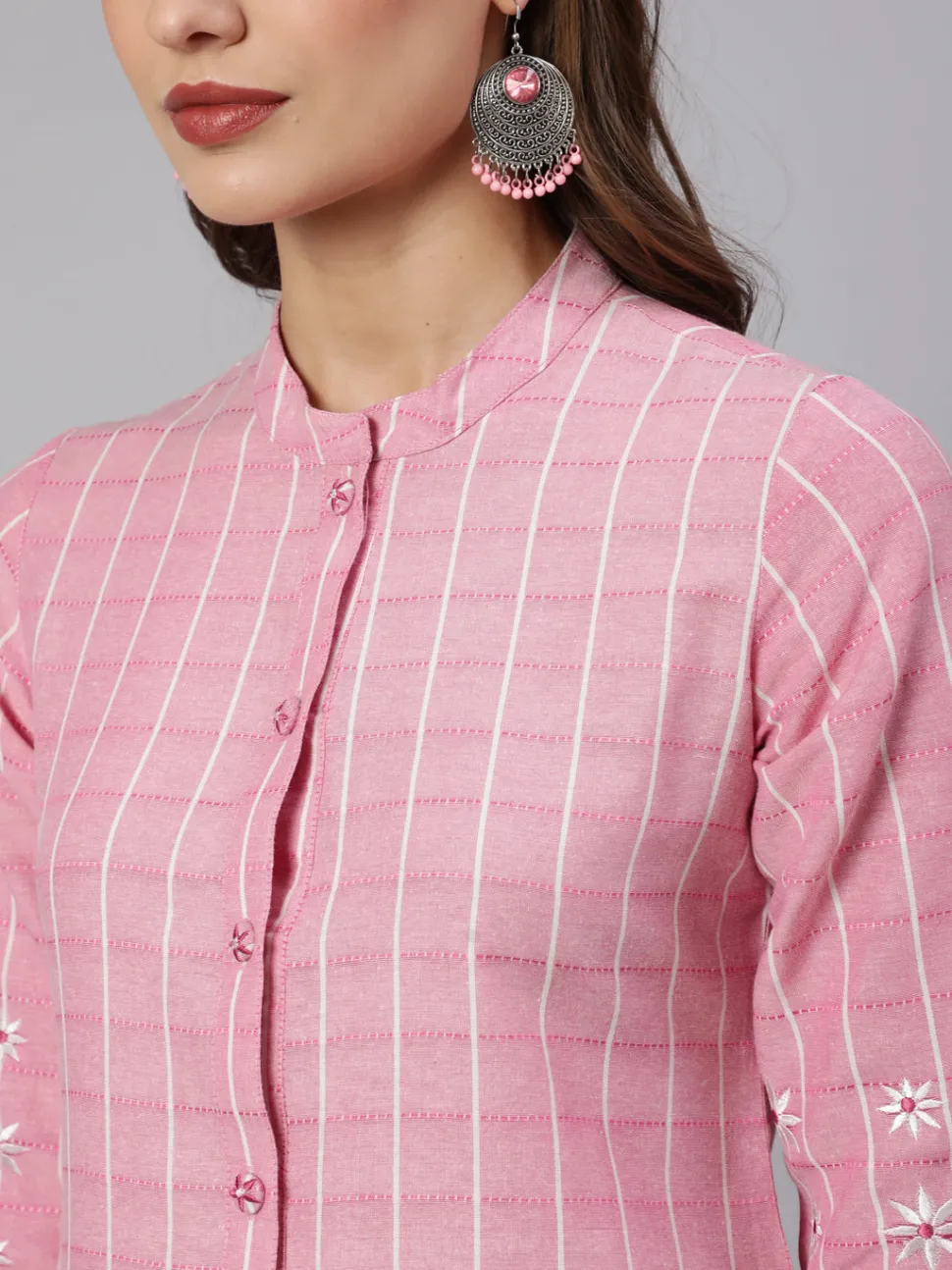 Jaipur Kurti Self Weaved Checkered Straight Embroidered Kurta With Pants
