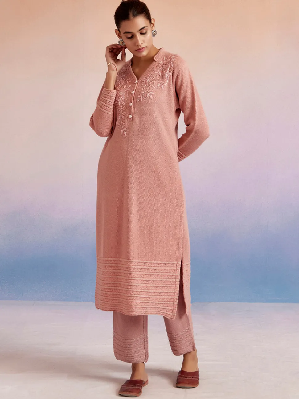 Jaipur Kurti Self Woven Embellished Woolen Kurta Set