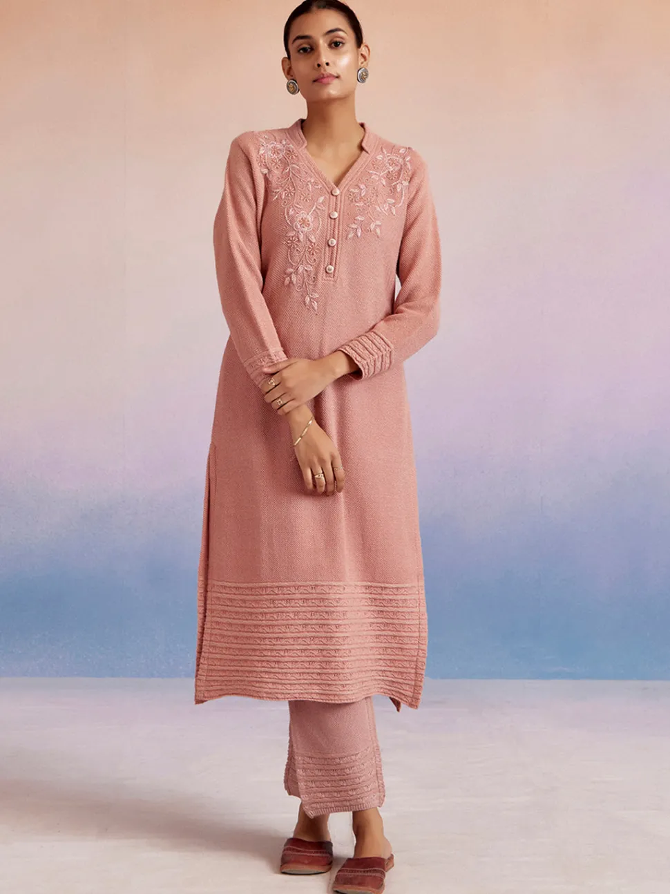 Jaipur Kurti Self Woven Embellished Woolen Kurta Set