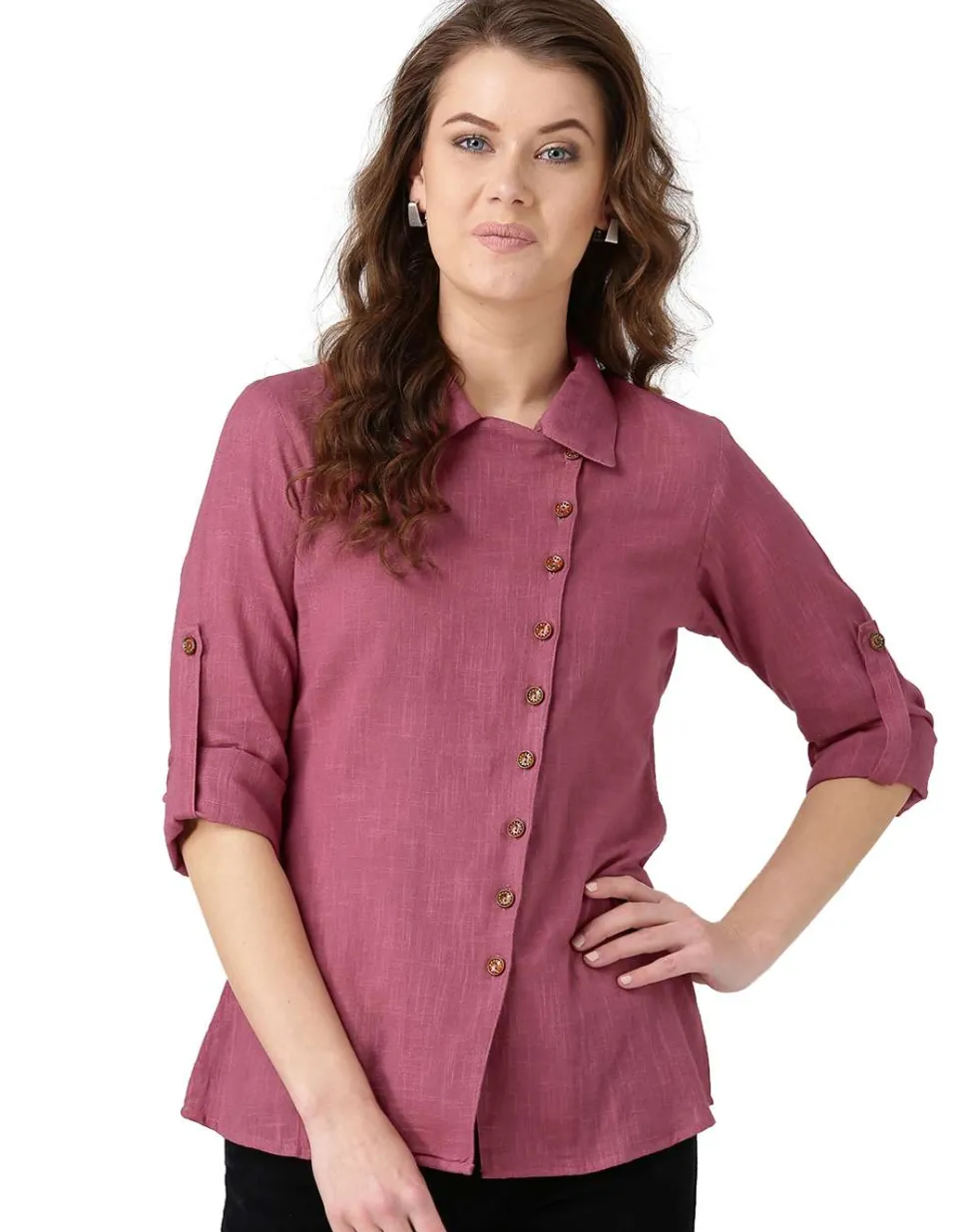 Jaipur Kurti Pink Solid Front Placket Cotton Slub Shirt