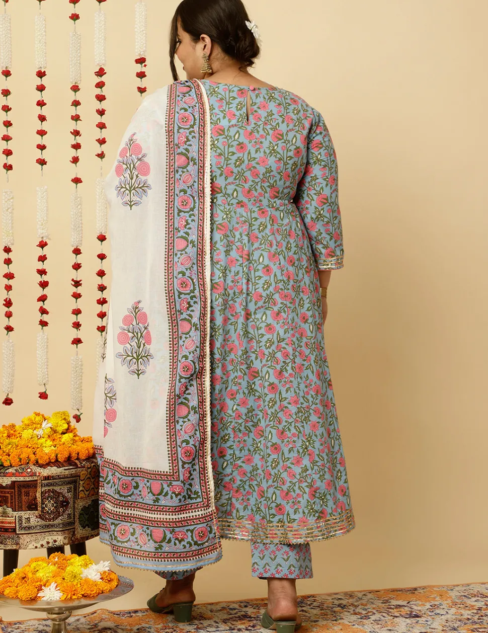 Jaipur Kurti Plus Size Ethnic Print Anarkali Kurta With Pants And Dupatta