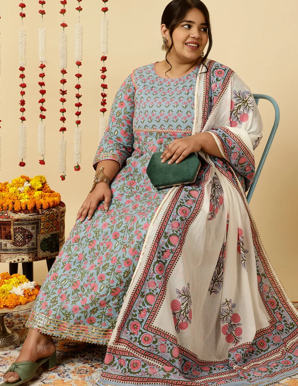 Jaipur Kurti Plus Size Ethnic Print Anarkali Kurta With Pants And Dupatta