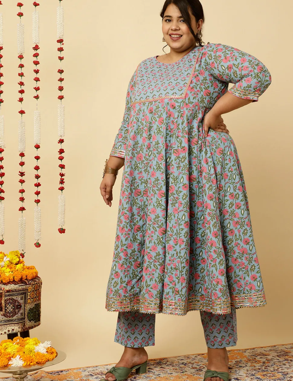 Jaipur Kurti Plus Size Ethnic Print Anarkali Kurta With Pants And Dupatta