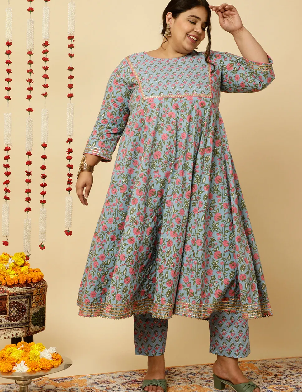 Jaipur Kurti Plus Size Ethnic Print Anarkali Kurta With Pants And Dupatta