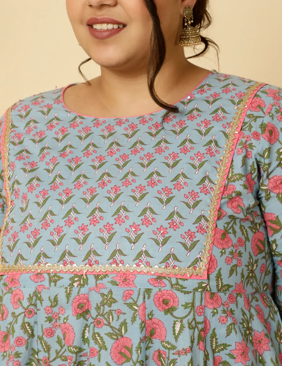 Jaipur Kurti Plus Size Ethnic Print Anarkali Kurta With Pants And Dupatta