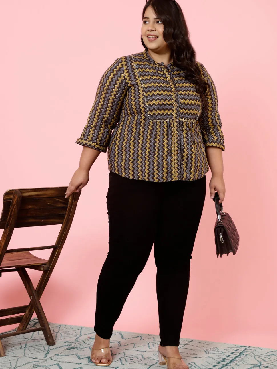 Jaipur Kurti Plus Size Charcoal Zig-Zag Printed Top