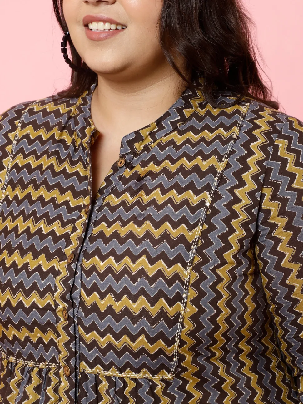 Jaipur Kurti Plus Size Charcoal Zig-Zag Printed Top