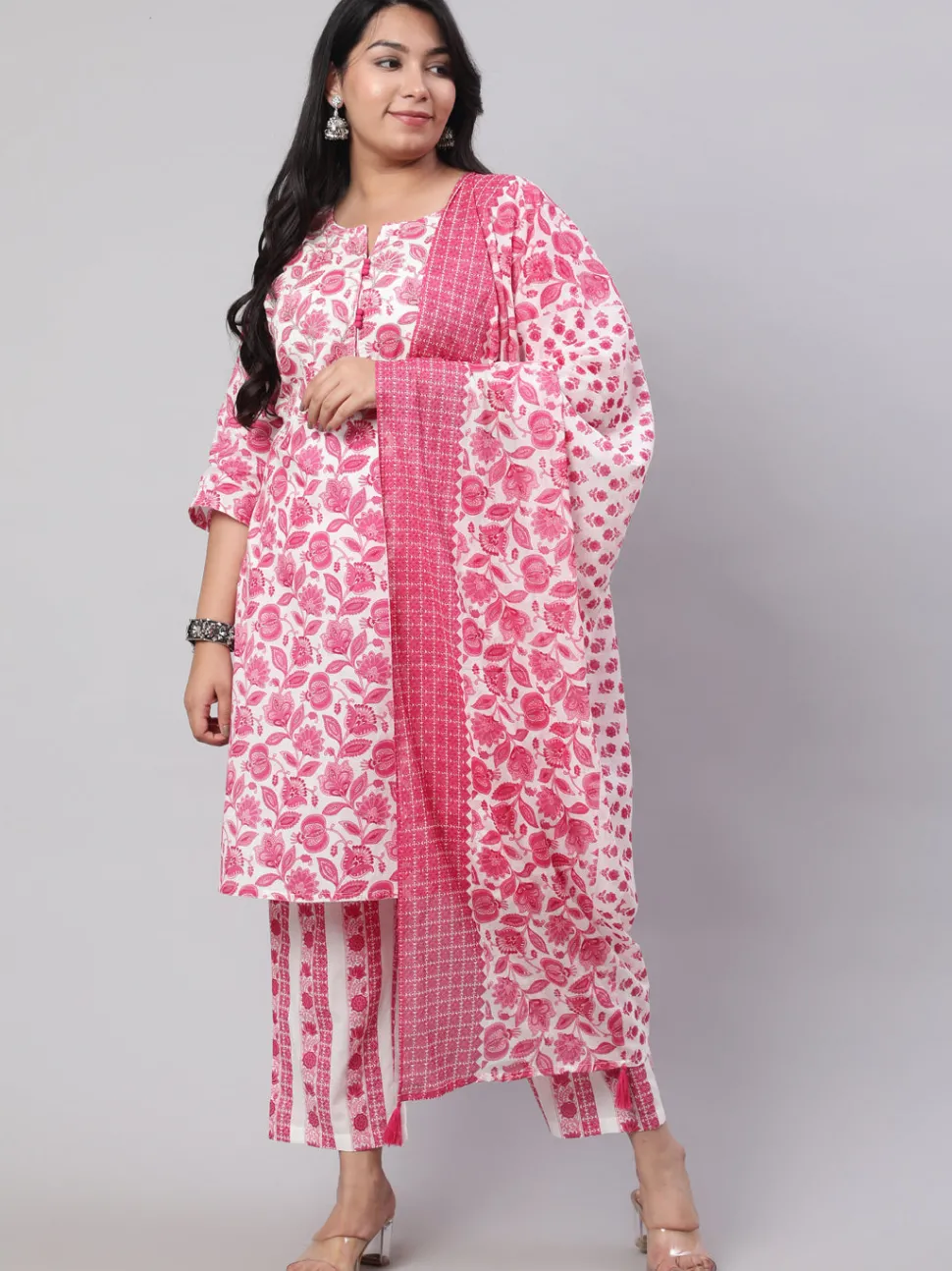 Jaipur Kurti Plus Size Ethnic Floral Printed Embroidered Kurta With Printed Pants And Printed Dupatta