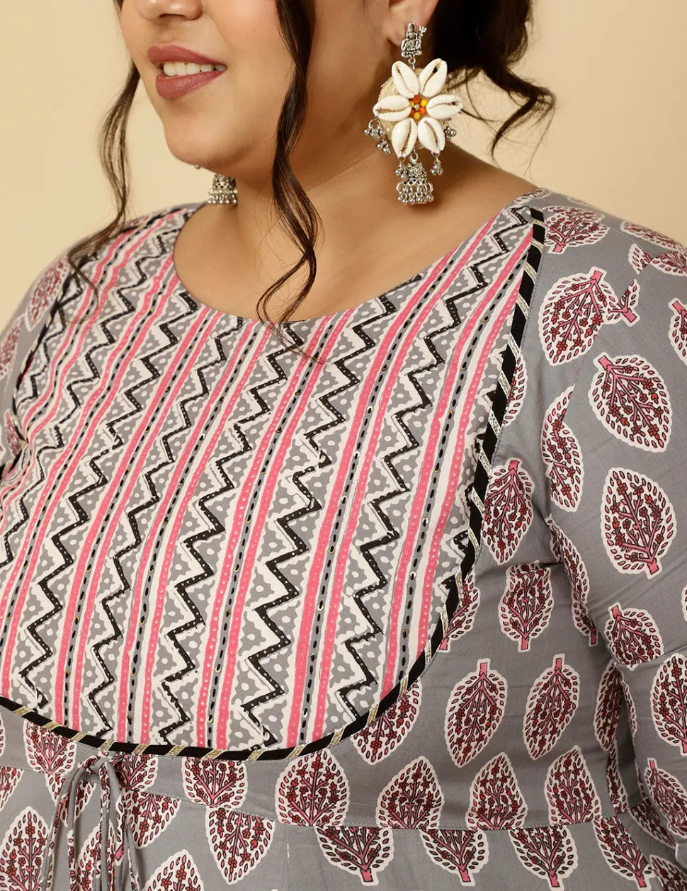 Jaipur Kurti Plus Size Grey Ethnic Printed Flared Kurta With Zig-Zag Printed Pants And Dupatta