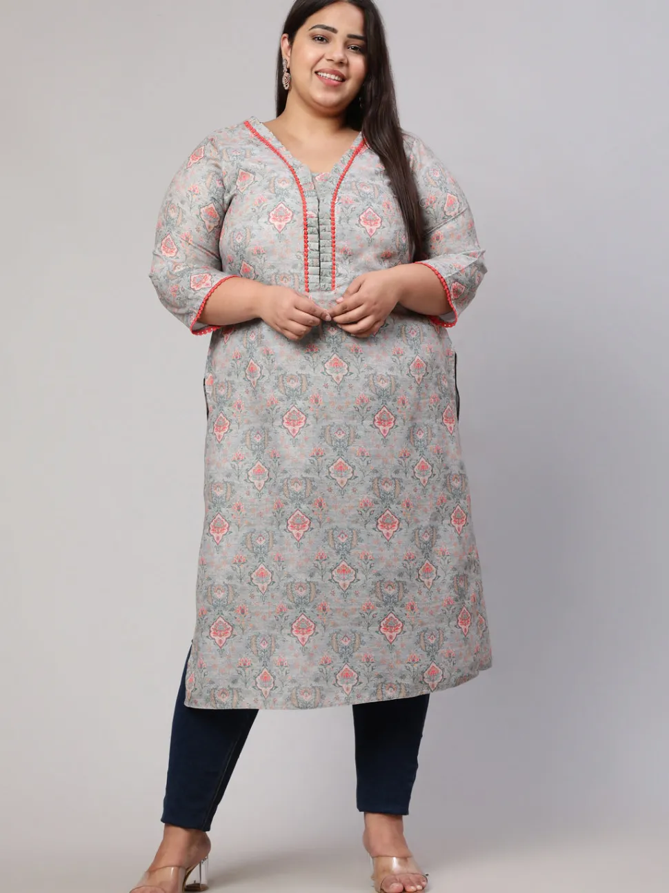 plus_size_grey_ruffled_printed_straight_kurta_3.webp Jaipur Kurti Plus Size Ruffled Printed Straight Kurta