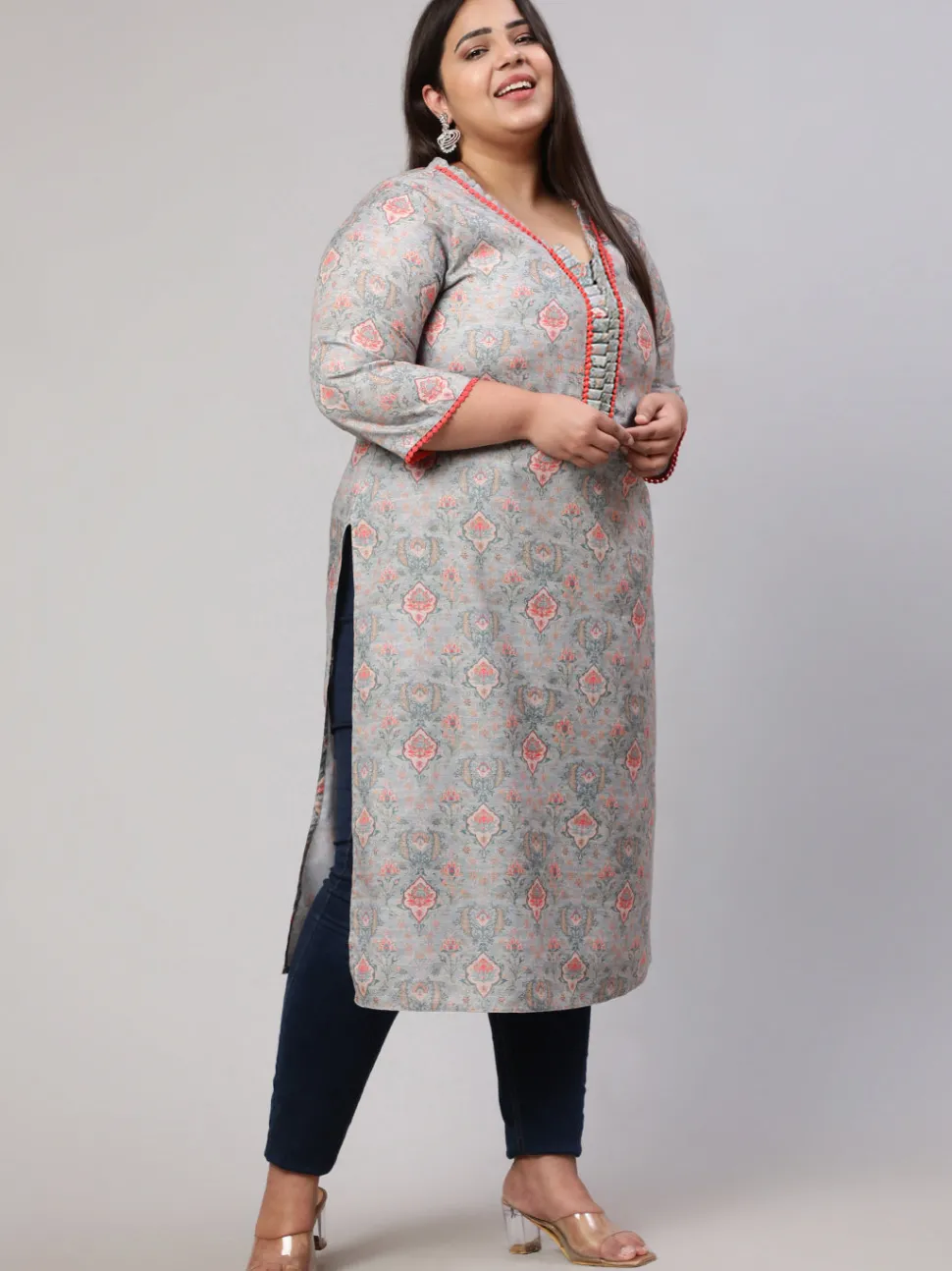 plus_size_grey_ruffled_printed_straight_kurta_4.webp Jaipur Kurti Plus Size Ruffled Printed Straight Kurta