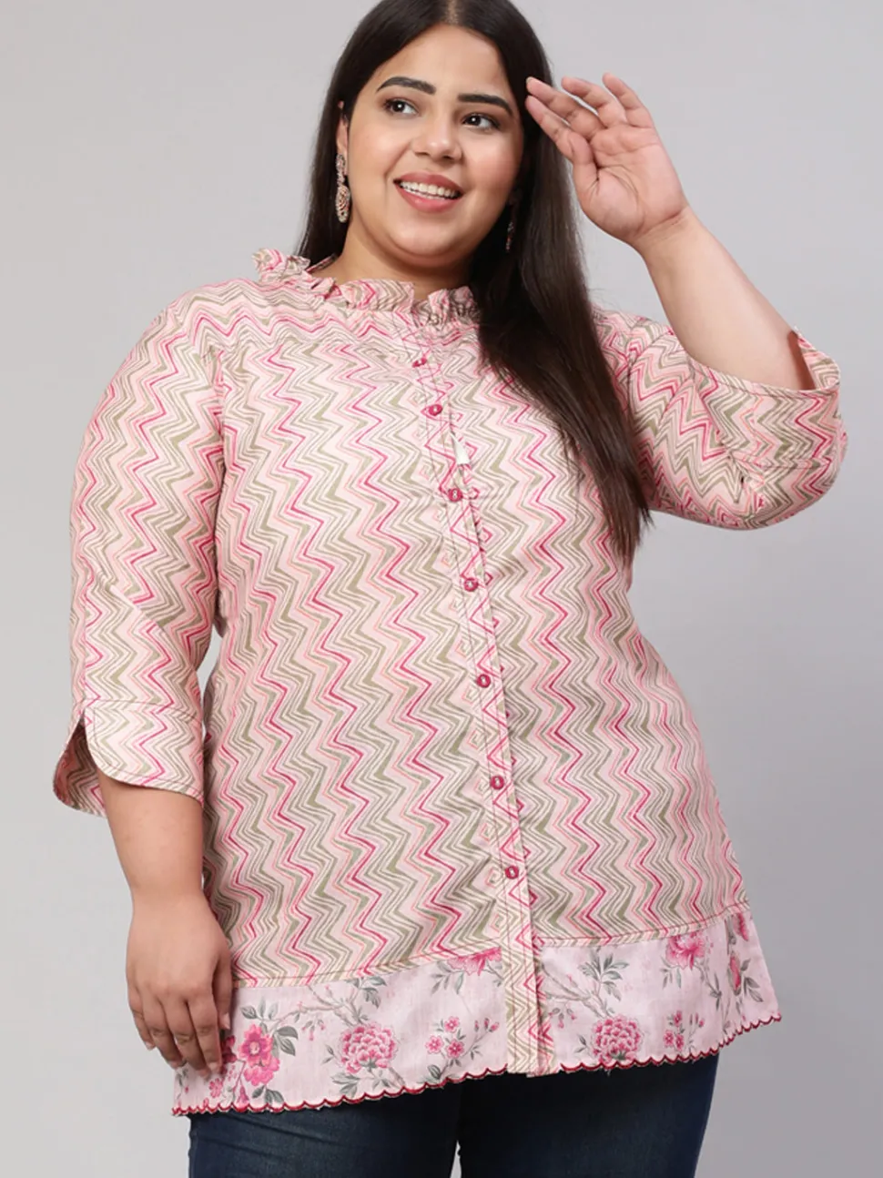 Jaipur Kurti Plus Size Multicolor Zigzag Embroidered Short Kurta