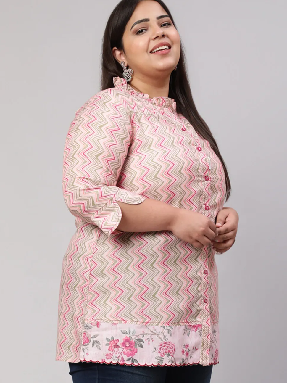 Jaipur Kurti Plus Size Multicolor Zigzag Embroidered Short Kurta