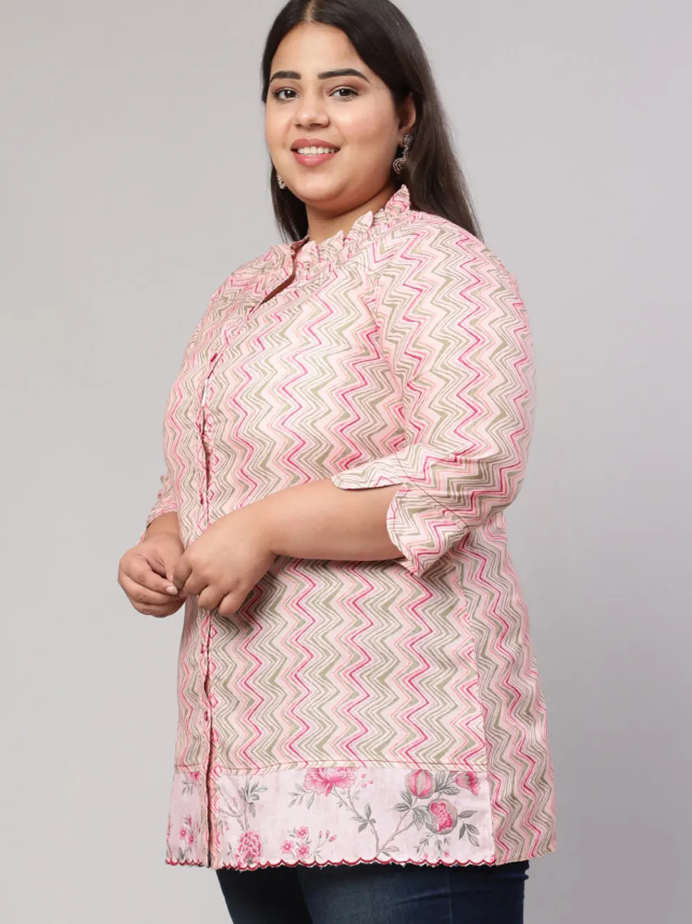 Jaipur Kurti Plus Size Multicolor Zigzag Embroidered Short Kurta