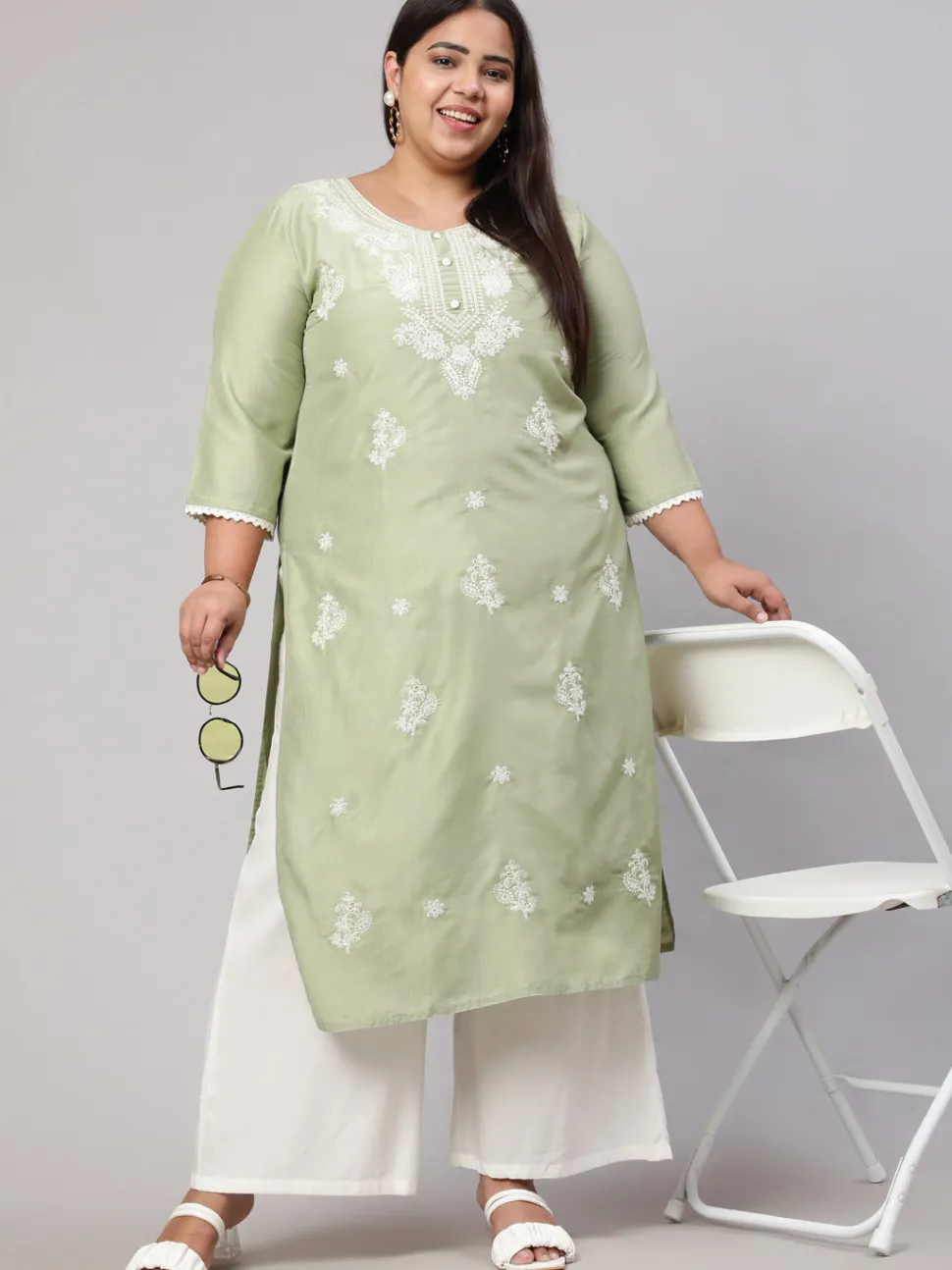 Jaipur Kurti Plus Size Olive Green Chikankari Straight Kurta
