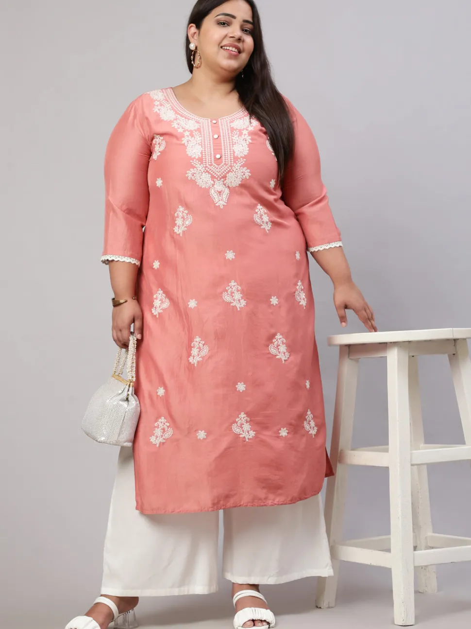 Jaipur Kurti Plus Size Chikankari Straight Kurta