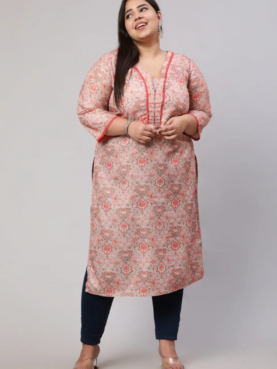 plus_size_peach_ruffled_printed_straight_kurta_3.webp Jaipur Kurti Plus Size Ruffled Printed Straight Kurta