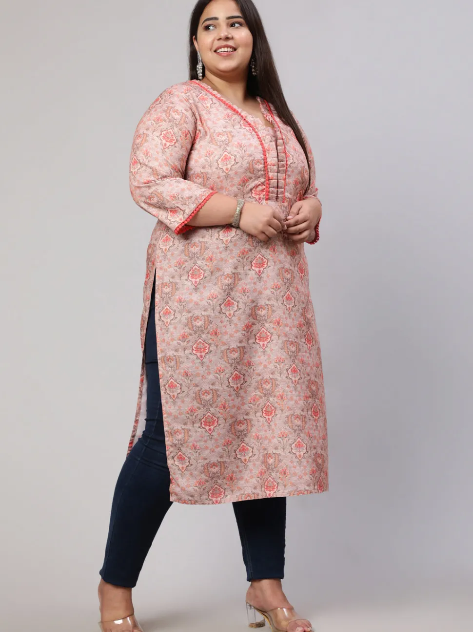 plus_size_peach_ruffled_printed_straight_kurta_5.webp Jaipur Kurti Plus Size Ruffled Printed Straight Kurta