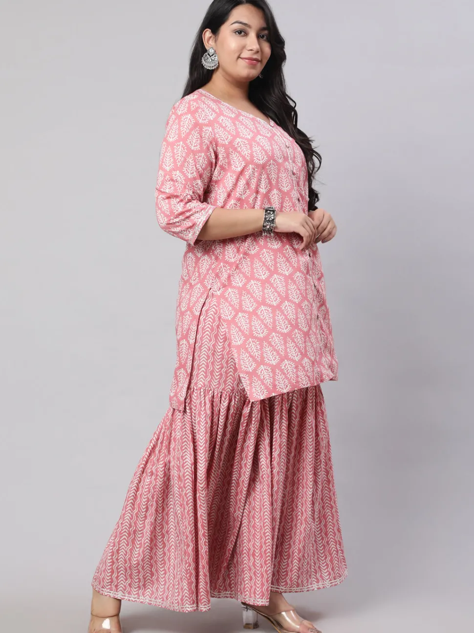 Jaipur Kurti Plus Size Ethnic Printed Kurti With Sharara And Chiffon Dupatta